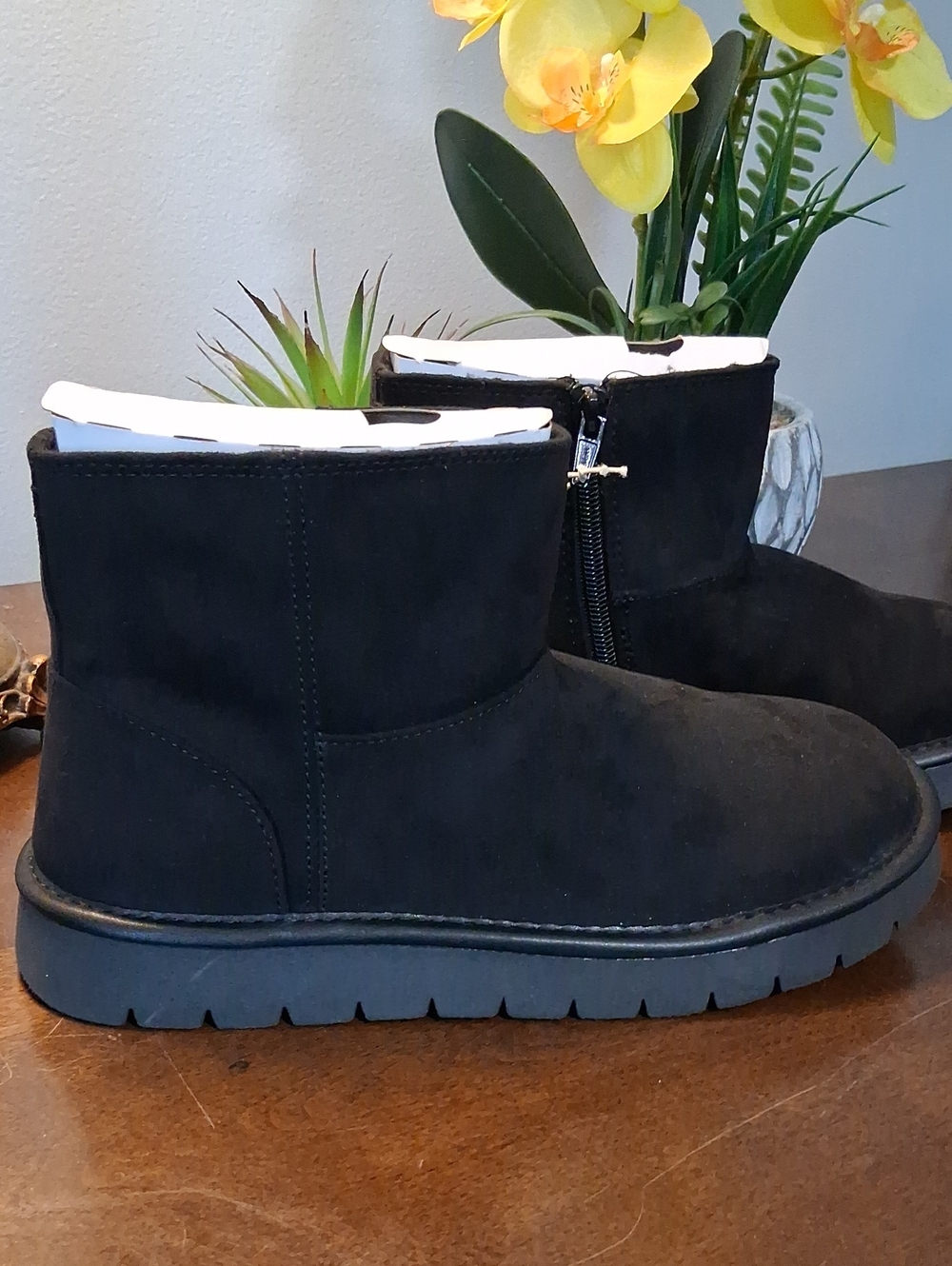 Woman's Black Suede Ankle Boots - Zipper Entry